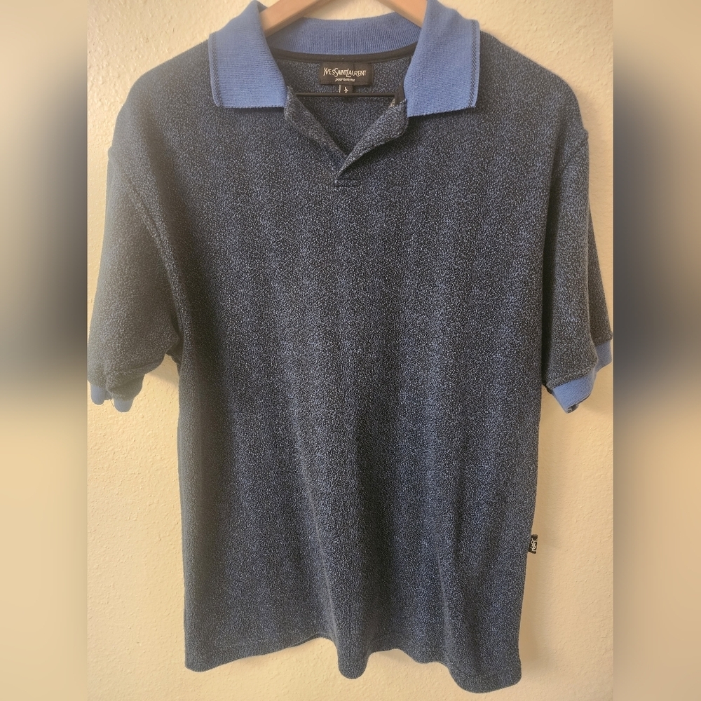 YSL Yves Saint Laurent Mens 100% Cotton Blue Polo Shirt Sz Large